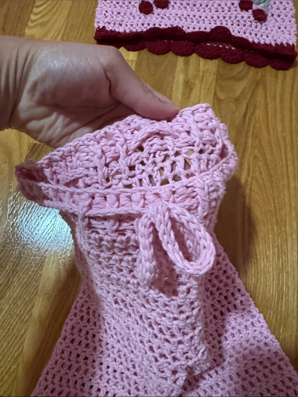 Pink Crochet Cherry Crop Top & Pants Set